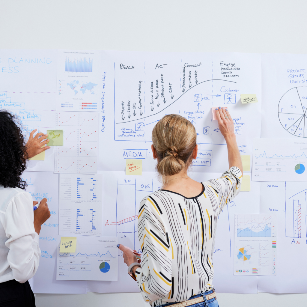 Two professional women standing before a white board creating a strategic marketing plan for their business. 