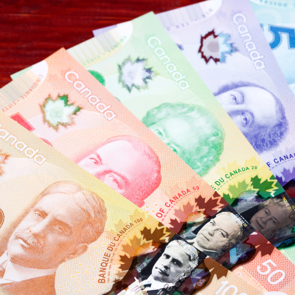 A fan of Canadian bills  (from left to right, 100, 50, 20, 10, 5)